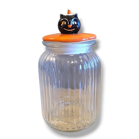 Johanna Parker Transpac Halloween Glass Jar Canister With Black Cat Lid - Picture 1 of 10